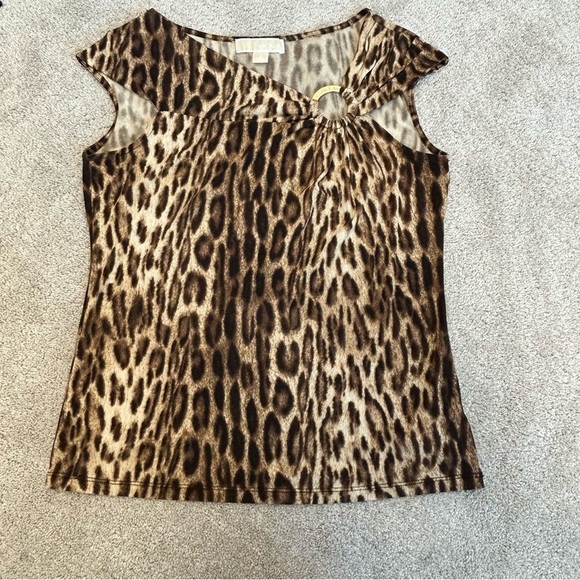 MICHAEL Michael Kors brown tan leopard animal print asymmetrical neckline blouse - Picture 5 of 12